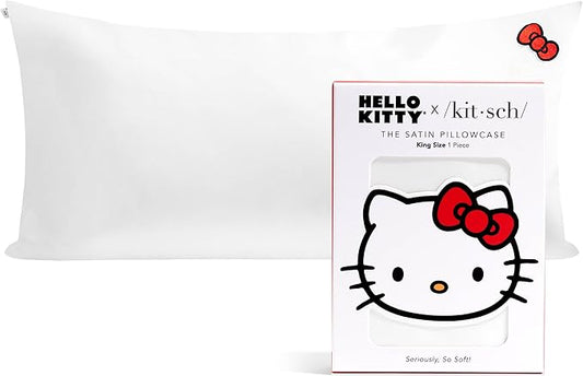 Kitsch x Hello Kitty (Solid Ivory Kitty Bow) - Satin Pillowcase with Zipper for Hair and Skin, Softer Than Silk, Smooth Cooling Pillow Covers, Machine Washable, King Size (19x36)
