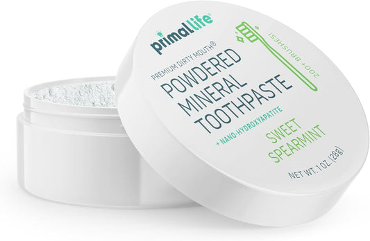 Primal Life Organics - Dirty Mouth Toothpowder, Tooth Cleaning Powder, Flavored Essential Oils with Natural Kaolin & Bentonite Clay, Good for 200+ Brushings, Organic, Vegan (Sweet Spearmint, 1 oz)