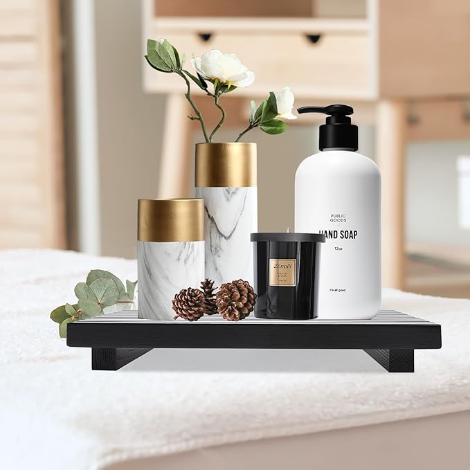 Renawe Black Bathroom Counter Tray Organizer Wood Riser Stand Kitchen Countertop Trays Wooden Pedesta Display Dish Soap Dispenser Holder for Bathroom Decor Sink Accessories Vanity Tray