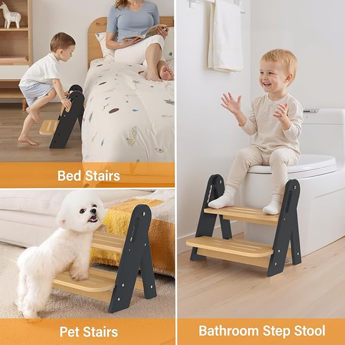 Toddler Step Stool, Wooden Height-Adjustable 2 Step Stool for Kids, 2 in 1 Potty Training Stool with Safety Handles Non-Slip Pads for Bathroom Sink, Kitchen, Bedroom (Grey, Foldable)