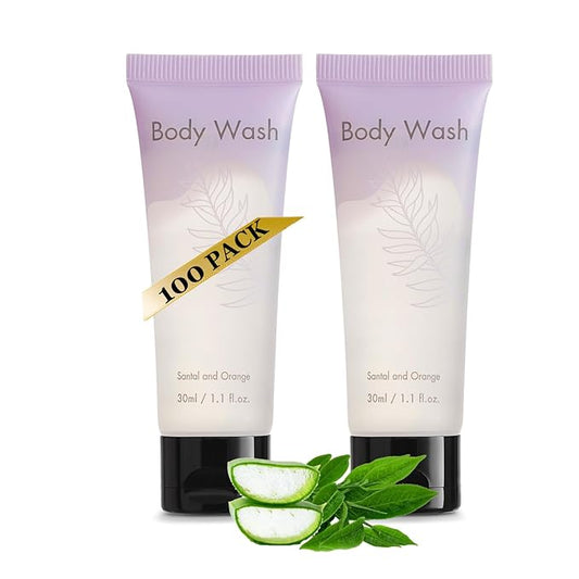 Leak-Proof Travel Size Body Wash 1 Oz Each Pack of 100 Bulk Pack Hotel Body Wash Santal and Orange Scent Amenities and Toiletries for Hospitality
