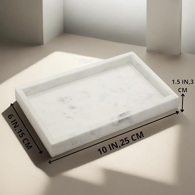 Natural White Marble Tray for Bathroom | Kitchen | Vanity | Desktop, Stone Organizer for Coffee Table, Dresser, Nightstand, Candles, Soap, Towel, Plant, Jewelry (10" x 6"), Rectangular