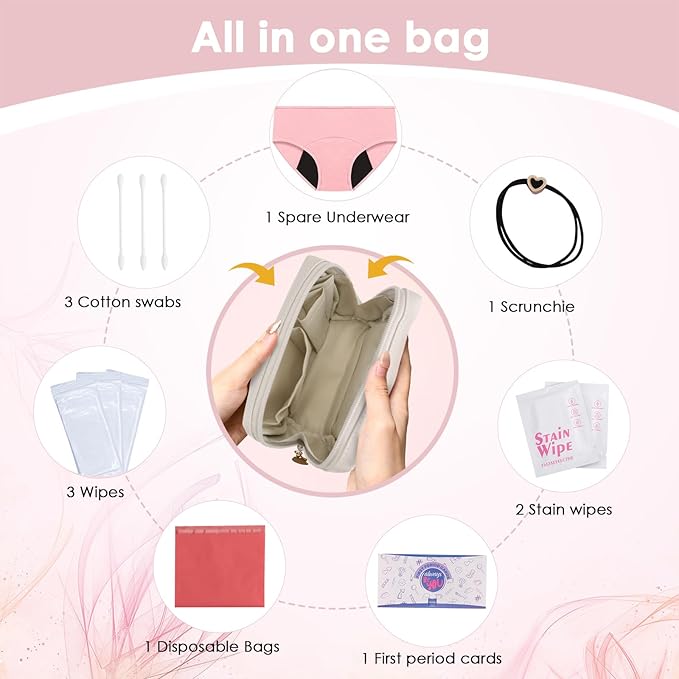 First Period Kit for Girls 9-12,Thoughtful First Period Gift,Tween Period Starter Kit with Spare Underwear, Wipes,Period Knowledge Cards and More. (Milk apricot white)