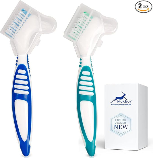 Denture Cleaning Brush Set with Dustproof Denture Brush Holder - Denture Brush Toothbrush Set for Denture Cleaning Care - Multi-Layered Bristles & Ergonomic Rubber Handle (Blue & Green)