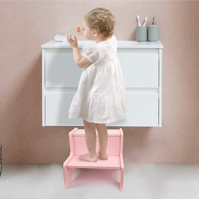 WOOD CITY Wooden Toddler Step Stool for Kids, Pink Two Step Children's Stool with Handles, Bonus Non-Slip Pads for Safety, Bathroom Potty Stool & Kitchen Step Stools Dual Height