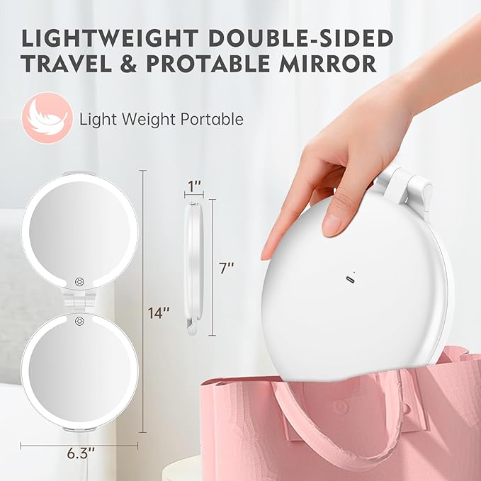 FUNTOUCH 7'' Travel Makeup Mirror with Lights 10X Magnifying, 3 Color Portable Double Side Vanity Compact Mirror with Rechargeable for Travel Essential, Gifts for Lover