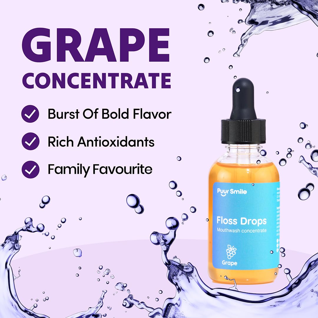 Concentrated Floss Drop Serum – 2oz Concentrated Mouth Wash to Use in Water Flosser | Natural Essentials Promotes Good Breath | Organic Drop Provides Good Oral Health (Grape Flavor)