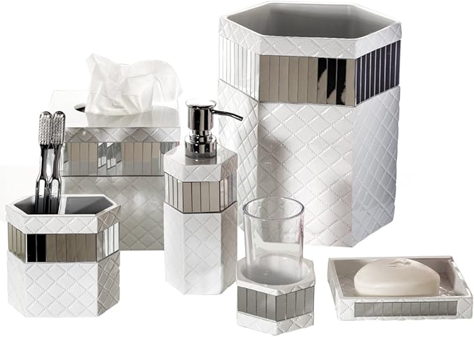Creative Scents Quilted Mirror White Bathroom Accessories Set - Decorative 6 Piece Bathroom Set Includes: Trash Can, Tissue Box Cover, Soap Dispenser, Toothbrush Holder, Tumbler & Soap Dish