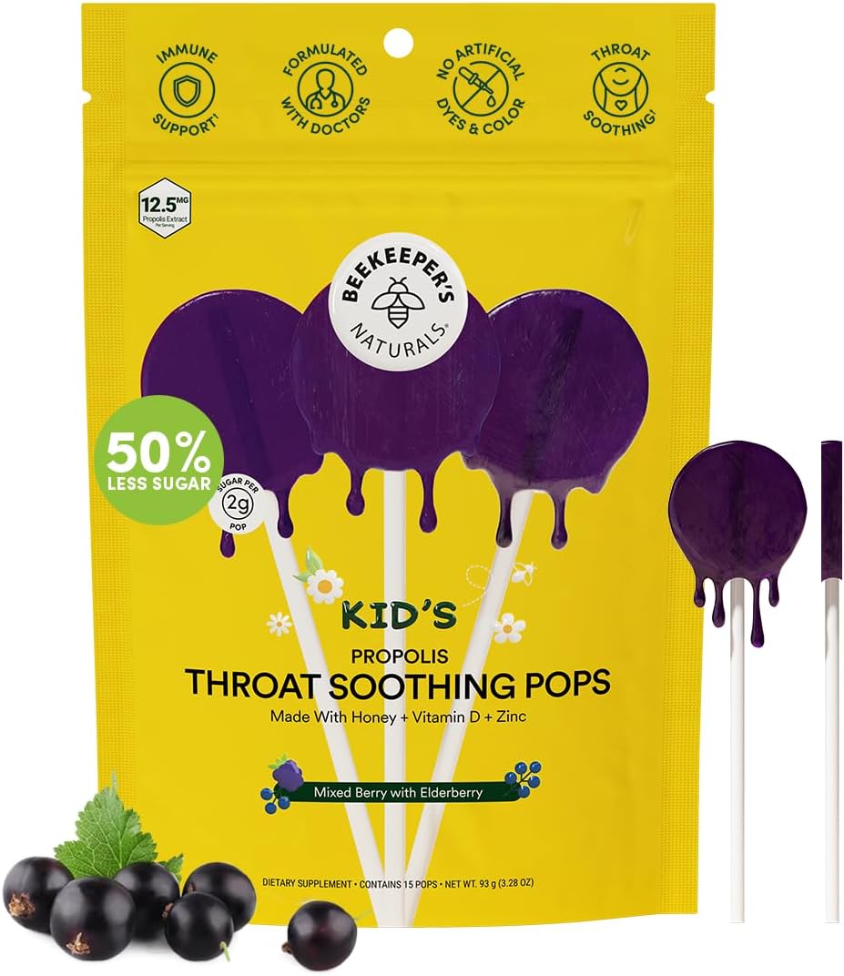 Beekeeper's Naturals Kids Throat Soothing Lollipops, Mixed Berry & Elderberry Doctor Formulated Immune Support, Vitamin D & Honey, 15 ct