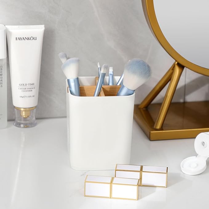 Toothbrush Holders Drainage for Bathrooms, 4 Slots Tooth Brushing Holder with Bamboo Dividers Plastic Electric Toothbrush and Toothpaste Caddy Organizer for Sink, Counter, Shower, Vanity, White