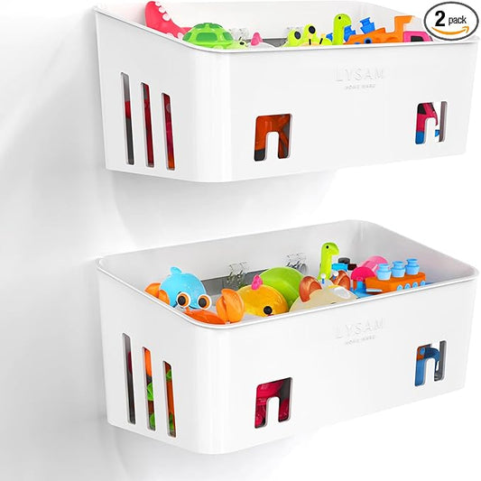 Lysam Bath Toy Storage 2 Packs, Large Bath Toy Holder with 3 Compartment, Quick Dry Bathtub Toy Organizer, Bath Tub Toy Net, Shower Toy Basket & Bin, Bathroom Accessories for Baby,Toddler,Kids（White）