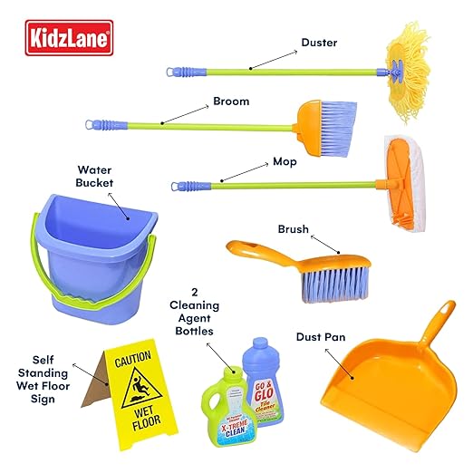 Kidzlane Kids Cleaning Toy Set - Toddler Cleaning Set with Realistic Broom, Mop, and Dustpan with Wet Floor Sign and Cleaning Tools - Kids Broom Set for Ages 3 and Up - Fun Playtime for Boys and Girls