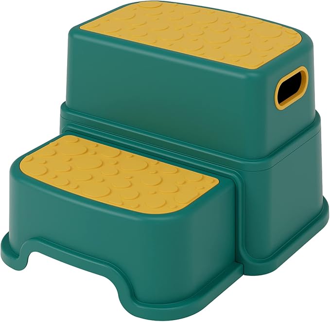 HOMKO 2 Step Stool for Kids Toddler Stool for Potty Training Kids Step Stool for Bathroom Kitchen Sink and Toilet Potty Training Anti-Slip Potty Stools, 3 in 1 Independent Stepping Stool, Green