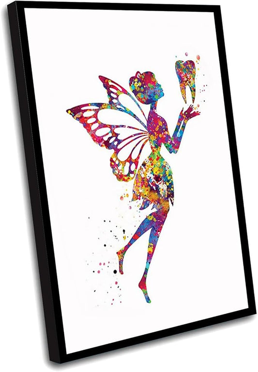 HFKSRJGW Dental Clinic Decor,Tooth Fairy Watercolor Print Dental Art Dentist Poster Teeth Anatomy Stomatology Decor Clinic Wall Decor Medical Art Dental Office Art,12"x16"Framed Wall Art