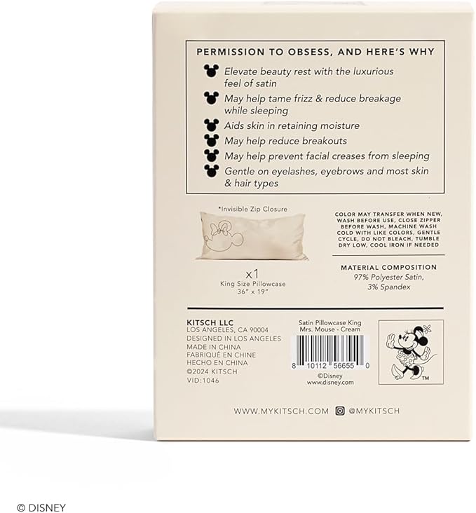 Kitsch & Disney Minnie Mouse Satin Pillowcase with Zipper Softer Than Silk, Cooling Pillow Case for Hair & Skin, Wrinkle-Free, Machine Washable, King Size (19x36)