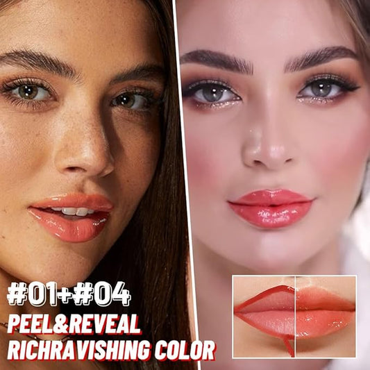 2Pcs Lip Stain Peel Off Lip Gloss oil Dual-Ended Combo, Lips Liner Stain Peel Off Masque, Long Lasting & Waterproof, Transfer-Proof Lip Tint Stain with Lip oil for All Skin Type 01#+04#