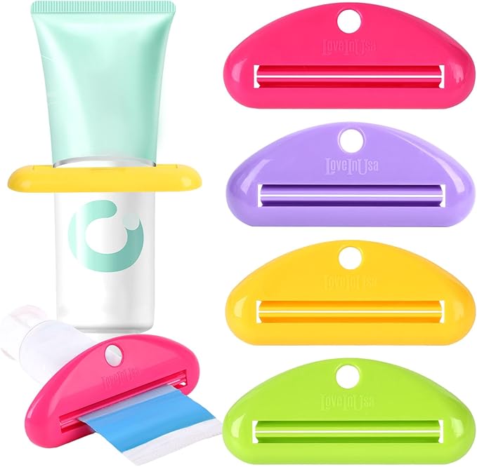 LOVEINUSA Toothpaste Tube Squeezer Dispenser, 4PCS Hanging Tooth Paste Clips Roller Squeezer Holder for Saving Toothpaste Facial Cleanser Creams Paint