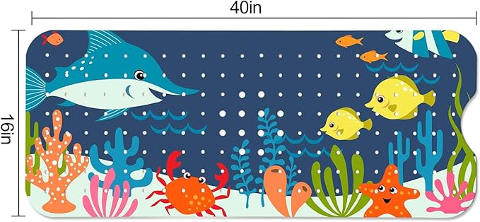 LNOND Bath Mat for Tub for Kids, Ocean Sharks Bathtub Mat, Kids Bath Mats for Bathroom Non Slip with Drain Holes and Suction Cups,Machine Washable (40 X 16 Inch)