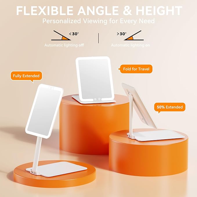 Auxmir Travel Makeup Mirror with Light, Portable Folding Lighted Travel Makeup Mirror with 72 LEDs, Rechargeable Compact Vanity Mirror with 3 Dimmable Color Lights, Adjustable Height and Angle, White