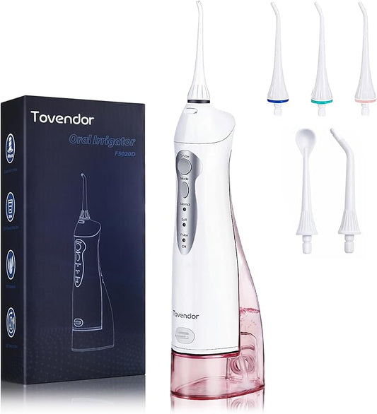 TOVENDOR Electric Water Flosser, Cordless Rechargeable Dental Oral Irrigator IPX7 Waterproof 300ML Travel Water Teeth Cleaner with 5 Tips for Braces Care Teeth Gums Cleaning, Home Office Daily Use
