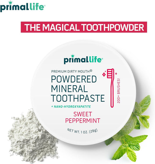Primal Life Organics - Dirty Mouth Toothpowder, Tooth Cleaning Powder, Flavored Essential Oils with Natural Kaolin & Bentonite Clay, Good for 200+ Brushings, Organic, Vegan (Sweet Peppermint, 1 oz)