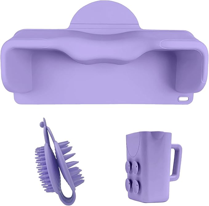 Hair Washing Station for Kids, Silicone Portable Shampoo Bowl and Elderly with Rinse Cup & Scalp Massager, Hair Washing Basin for Sink or Bathtub at Home with Neck Support Purple