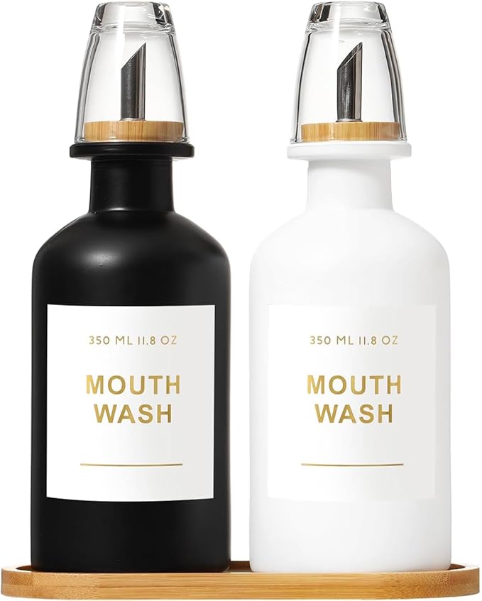 11.8OZ Mouthwash Dispenser for Bathroom with Bamboo & Stainless Steel Pour Spout, Mouthwash Cups Reusable, Bamboo Tray, and Elegant Gold Label. Set of 2（Black/White