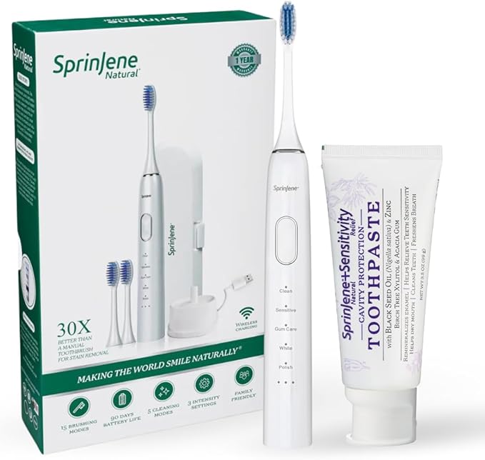 SprinJene Natural Sensitivity Relief, Fluoride Toothpaste for Sensitive Teeth & Gum (1 Pack) + Electric Toothbrush with Wireless Charger & 2 Replacement Heads