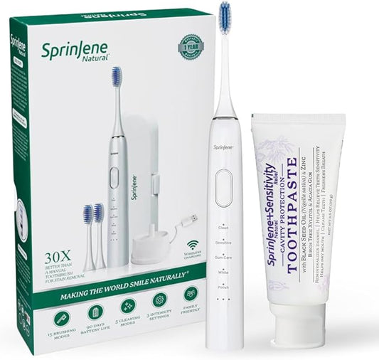 SprinJene Natural Sensitivity Relief, Fluoride Toothpaste for Sensitive Teeth & Gum (1 Pack) + Electric Toothbrush with Wireless Charger & 2 Replacement Heads