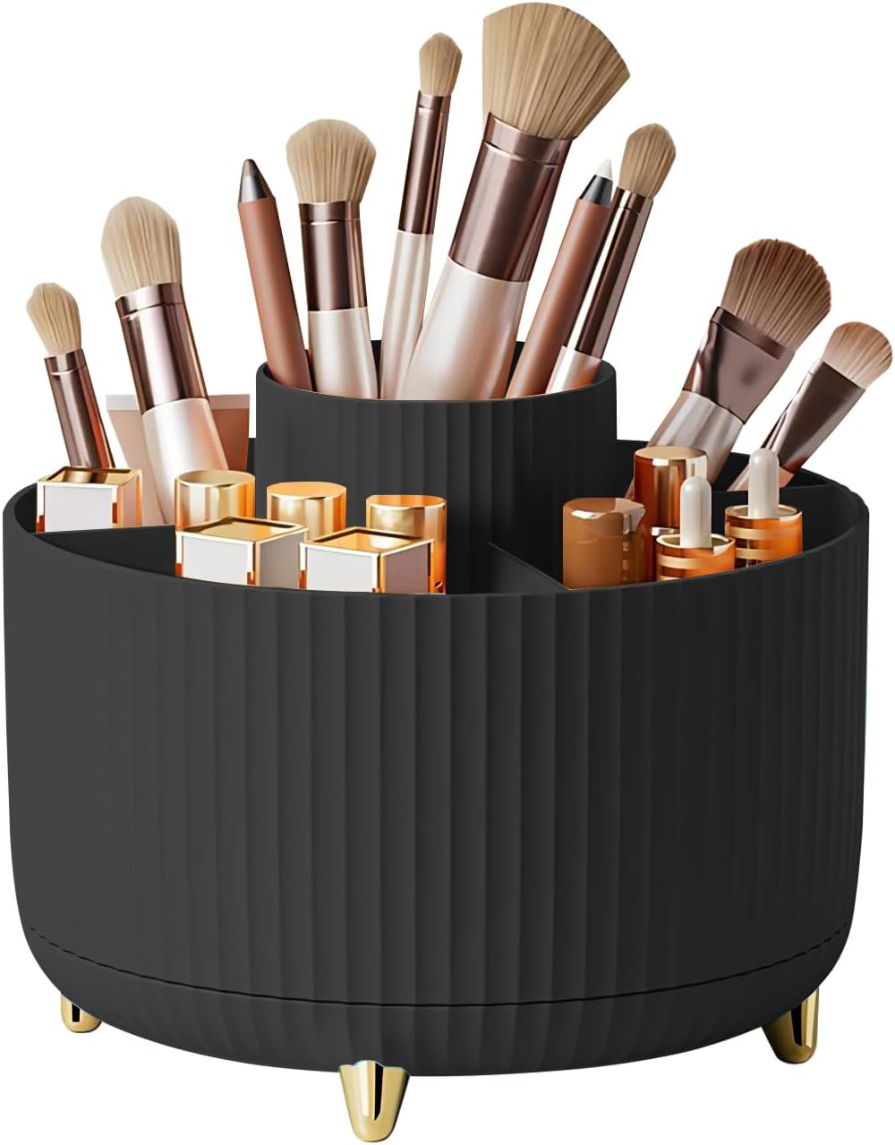 DASITON Large Capacity Makeup Brush Holder,360° Rotating Makeup Organizer,5 Slot Makeup Brushes Cup,for Vanity Decor,Bathroom Countertops,Desk Storage Container,Cosmetic Display cases(Black)