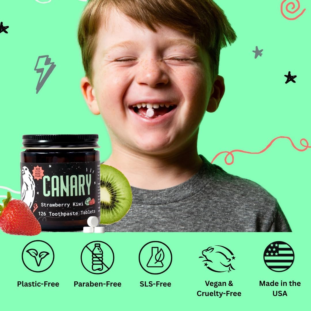 Canary Nano Hydroxyapatite Toothpaste Tablets Strawberry Kiwi - Remineralizing, Fluoride Free, All Natural Tabs with Xylitol - Great for Kids, Plastic Free - 126 Count