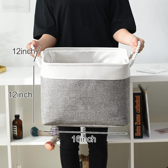 TcaFmac Organization and Storage Basket for Organizing - 16x12x12 inch Large 2 Pack Collapsible Storage Bins for Shelves, Fabric Storage Cubes for Box Closet Cloth Toy Books Kids (White & Grey)