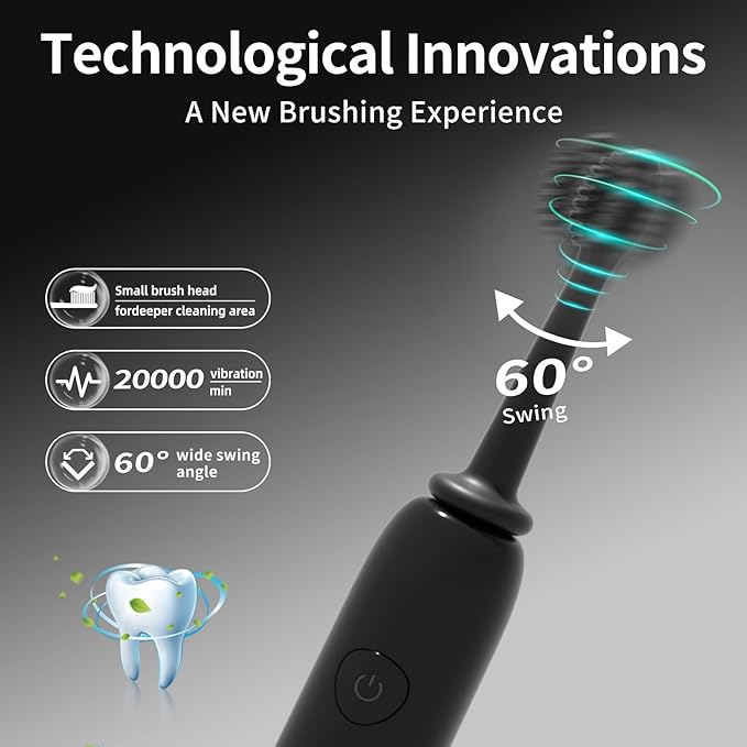 Rooman Oscillation&Vibration Sonic Electric Toothbrush for Adults, with 5 Brush Heads for Travel & Teeth Care, 20000 VPM, 3 Cleaning Modes, 2-Minute Timer, IPX7 Waterproof (Black)