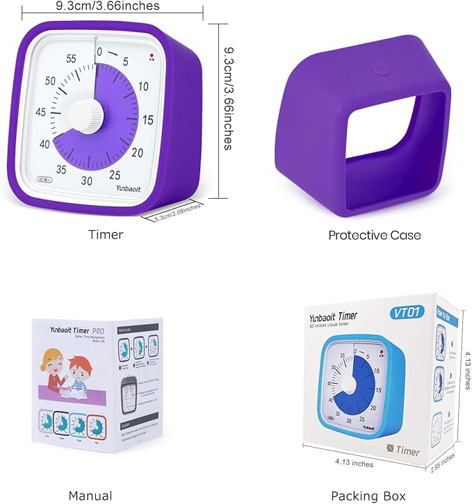 Yunbaoit Upgraded Visual Timer with Protective Case, 60 Minute Silent Countdown Timer for Kids and Adults Clock Time Management Tool(Purple)