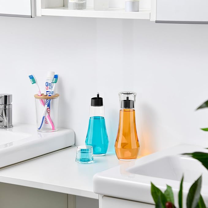 VITVITI Glass Mouthwash Dispenser for Bathroom, 8.8OZ Mouth Wash Container Bottle with Lid Cup, Small Clear Refillable Mouthwash Dispenser Decanter for Countertop, Black