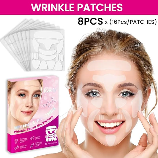 Kaely Wrinkle Patches for Face Overnight, Silicone Scar Tape for Wrinkles Forehead, Smile Line, Face Tape for Wrinkles Overnight Sleeping Lifting Sagging Skin, 128 Pcs (8 Sheets of 16 Patches)