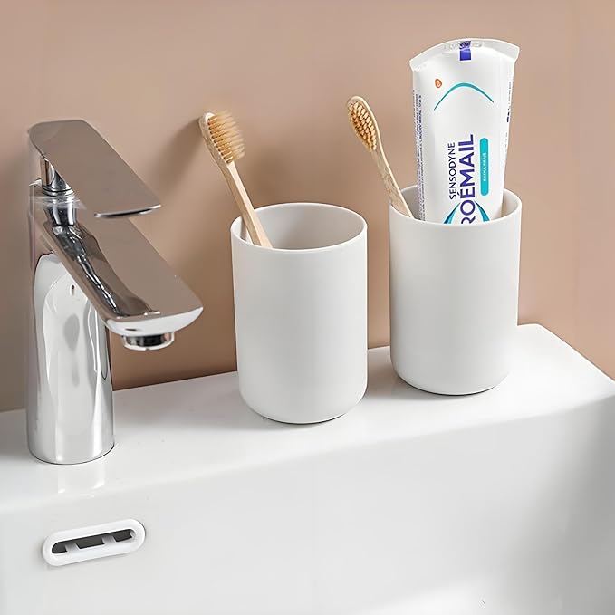 2 Pieces Plastic Bathroom Tumbler Cup Toothbrush Holder Organizer Tumbler Cups for Bathroom Vanity,300ml(White & Grey)
