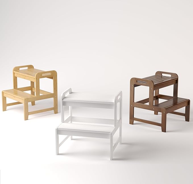 Step Stool for Kids Bamboo Toddler Two Steps Stool with Anti-Slip and Handles Stairs 300 lbs Capacity for Bathroom Kitchen Bedroom(White)