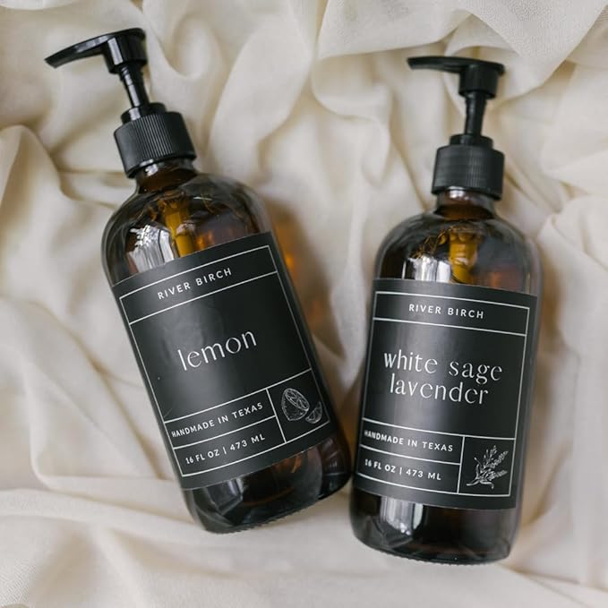 River Birch White Sage Lavender Scented Natural Hand Soap -Handmade Soap -Moisturizing Hand Wash with Amber Glass Dispenser - Luxury Scented Hydrating Hand Soap - Vegan and Non Toxic -16 Fl Oz