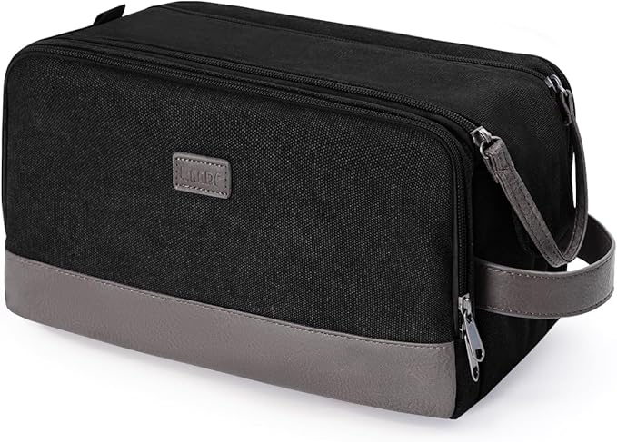 WANDF Toiletry Bag for Men Travel Toiletry Organizer Canvas and Leather Dopp Kit Water-Resistant Shaving Bag for Travel Accessories (Black, Large)