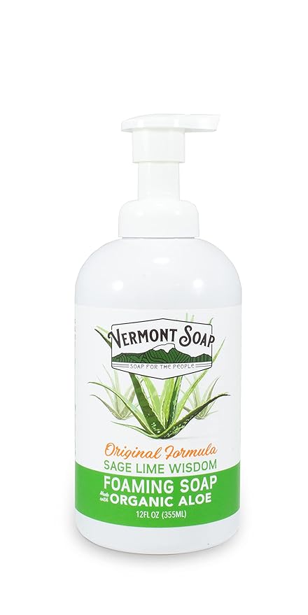 VERMONT SOAP Organic Sage Lime Wisdom Foaming Hand Soap - Natural Moisturizing Soap for Dry Skin - Fragrance Free Liquid Bathroom Hand Soap Dispenser - Sage Lime Wisdom - 12 oz