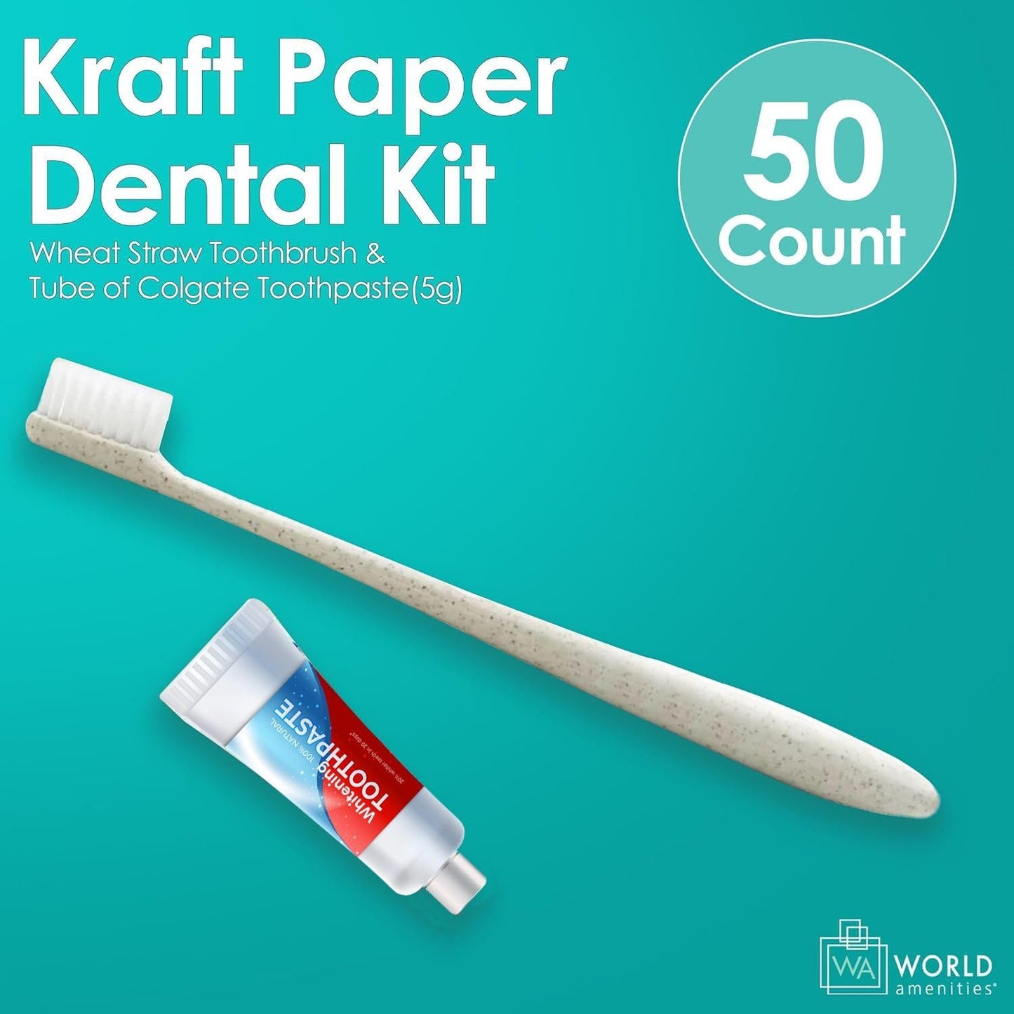World Amenities Kraft Paper Dental Kit - Wheat Straw Toothbrush and Toothpaste Dental Care Kit (50)