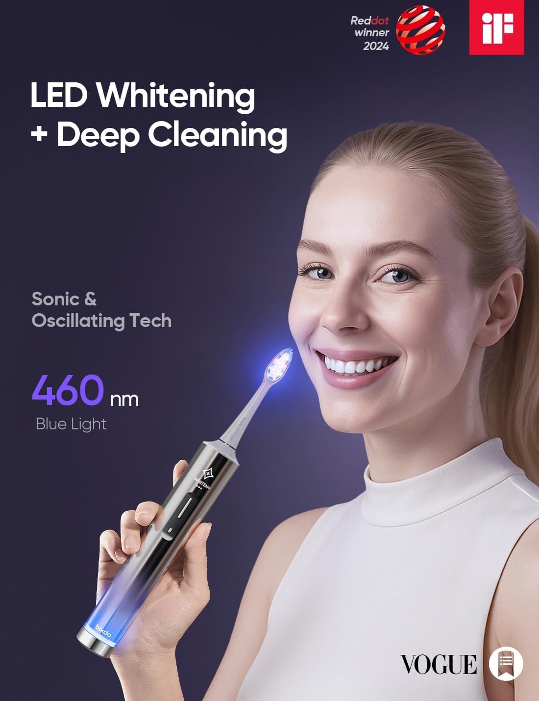 Whitening Electric Toothbrush for Adults, Professional 460nm Whitening Blue Light Tech, 31,000VPM Sonic & Oscillating Cleaning with Smart AI Sensor, 6-Month Long-Lasting Battery