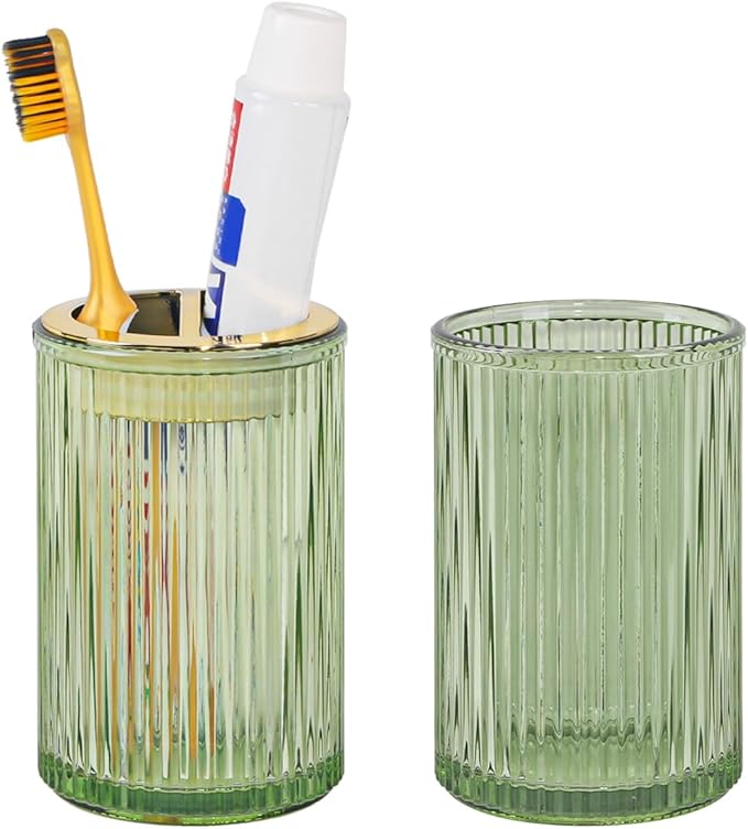 Toothbrush Holders for Bathrooms, 2pcs Glass Toothbrush Holder, 12oz Bathroom Tumbler and Mouthwash Cup, Tooth Brush and Toothpaste Organizer for Bathroom Vanity Countertop (Green Gold)
