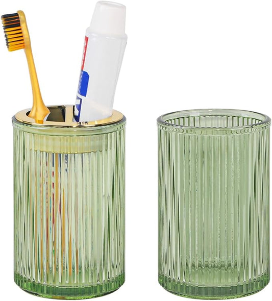 Toothbrush Holders for Bathrooms, 2pcs Glass Toothbrush Holder, 12oz Bathroom Tumbler and Mouthwash Cup, Tooth Brush and Toothpaste Organizer for Bathroom Vanity Countertop (Green Gold)