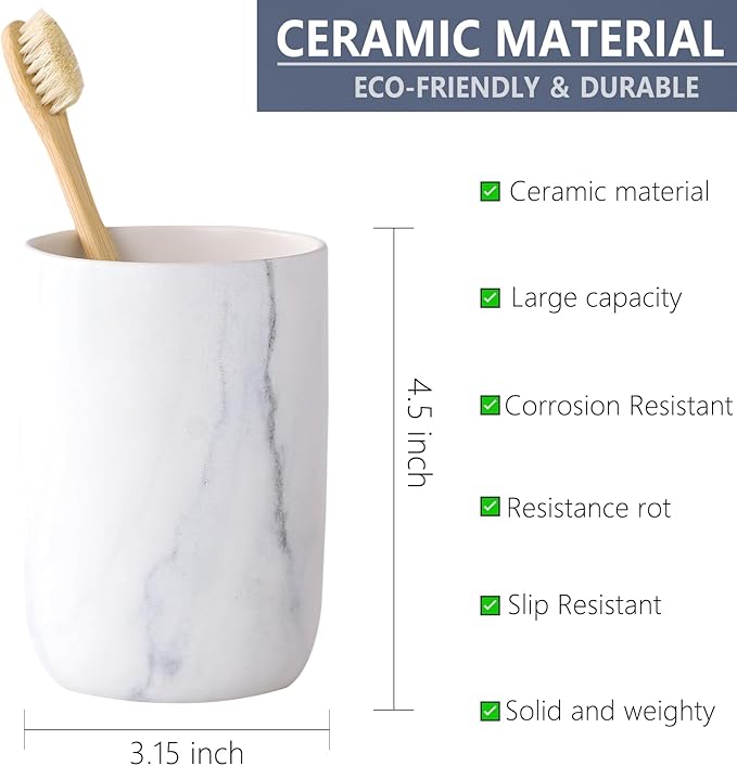 Marble Toothbrush Holders for Bathrooms - 1 Cups Ceramic Toothbrush Toothpaste Holders, White Marble Bathroom Tumbler Cups Reusable Toothbrush Mouthwash Cup, Bathroom Counter Organizer.