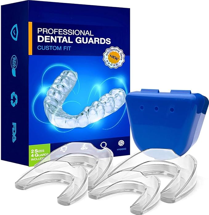 Mouth Guard for Teeth Grinding: Nighttime Dental Guard for Clenching, TMJ Relief - BPA Free, Moldable, Includes 4 Guards for Adults & Kids with Case