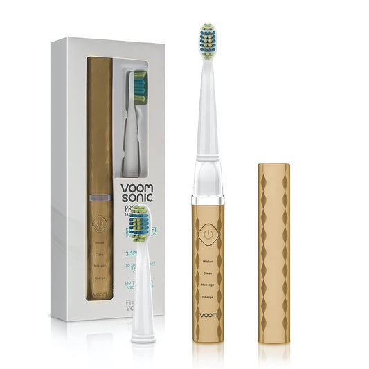 Voom Sonic Pro 3 Rechargeable Electric Toothbrush with Soft Dupont Nylon Bristles Dentist Recommended Portable Oral Care 2-Minute Timer 3 Adjustable Speeds Light Weight Design - Gold