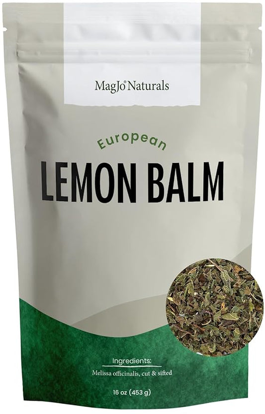 MagJo Naturals Lemon Balm Tea, Bulk Herbal Tea, Loose Leaf Melissa Officinalis, Caffeine Free, Cut and Sifted, 1 pound (16 ounces) (1 pack)