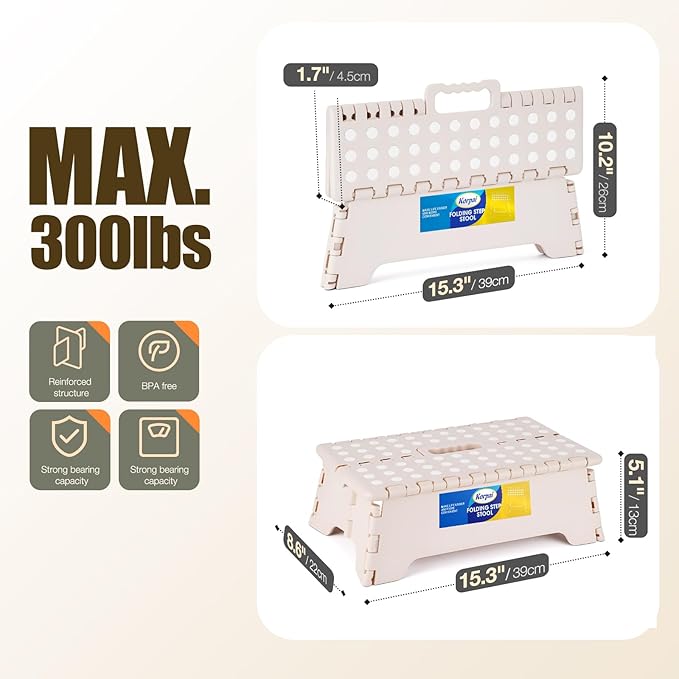 Korpai 5" Folding Step Stool for Adults and Kids 15-Inch Extra Wide Stool Holds Up to 300 lbs,Non-Slip Folding Stools with Handle,Compact Plastic Foldable Step Stool for Bathroom,Kitchen,ect, Khaki